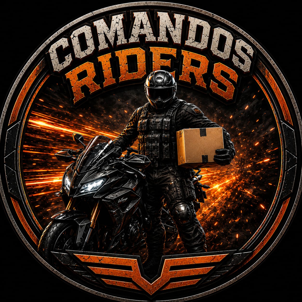 Emblema Comandos Riders — motorista con paquete